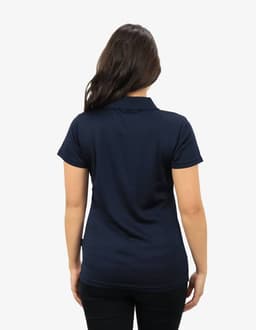 A navy polo shirt featuring a fitted design, shown from the back, with a logo on the upper side.