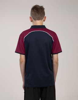 A back view of a polo shirt featuring navy blue and maroon colours with a logo on the side.