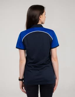 A navy blue polo shirt with blue accents, featuring a logo on the back.