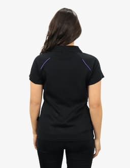 A black polo shirt with purple detailing, featuring a logo on the back.