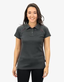 A polo shirt in dark grey with maroon accents, featuring a collar and a branded logo.