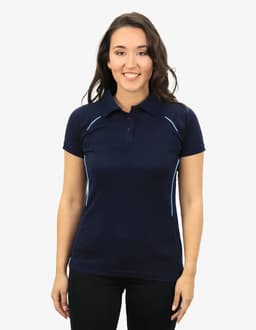 A navy polo shirt featuring light blue accents, displayed on a model. The shirt has a logo.