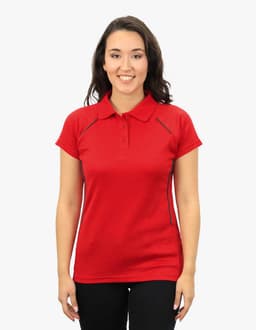 A red polo shirt with short sleeves and a logo. The shirt features contrast piping and a classic collar.