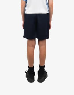 Sports shorts in navy, viewed from the back, featuring a logo and designed for athletic wear.
