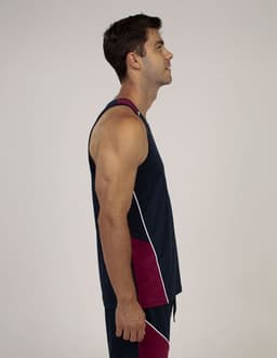 A navy and maroon singlet for men, featuring a logo, displayed on a model in profile.