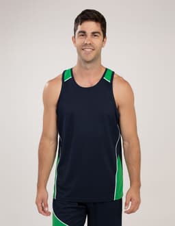 A man in a navy singlet with green and white accents, featuring a logo on the chest.