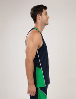 A singlet shirt in navy blue with green side panels, featuring a logo on the front.