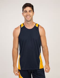 A navy and yellow singlet featuring a logo, modelled by a smiling male in a neutral background.