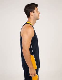 A navy blue singlet with yellow accents, displayed on a model from the side. The design includes a logo.