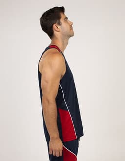 A navy and red singlet displayed on a model from the side, featuring a logo.