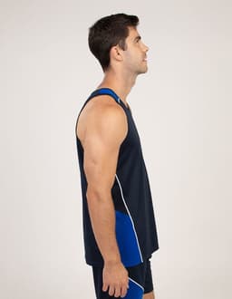 A navy blue singlet with blue accents, featuring a logo on the fabric. Model shown from the side.