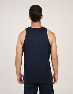 A navy blue singlet displayed from the back, featuring a simple design and no visible logos.