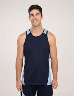 A navy singlet with light blue accents, featuring a logo, worn by a smiling male model.