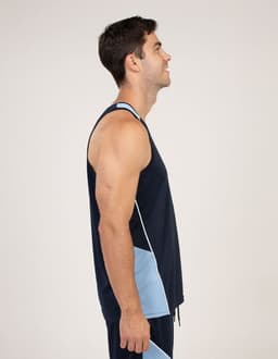 A navy blue singlet with light blue accents, showcased on a male model from the side. It has a logo on the fabric.