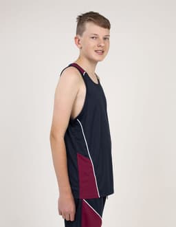 A young person models a navy and maroon singlet with white detailing and a logo.