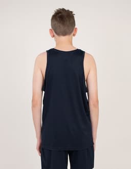 A navy blue singlet shirt is displayed, featuring a simple design and no visible branding on the back.