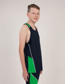 A navy singlet featuring green accents and a white stripe, with a logo visible on the fabric.
