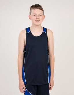 A young model wearing a black singlet with blue accents. The garment features a logo.