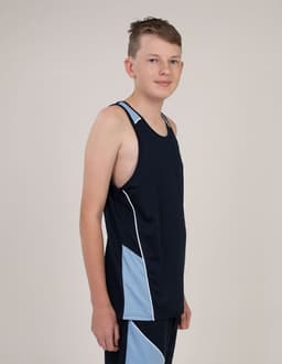 A navy blue singlet with light blue accents, featuring a logo, worn by a young person.