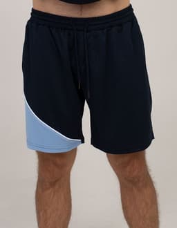 Sports shorts in navy blue with a light blue curved panel and a drawstring waist. Features a logo on the front.