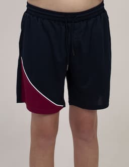Sports shorts in navy blue with a maroon and white accent. Features an elastic waistband and a drawstring.