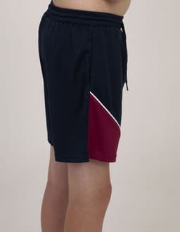 Sports shorts in navy with a maroon and white side panel; elastic waistband with a drawstring.