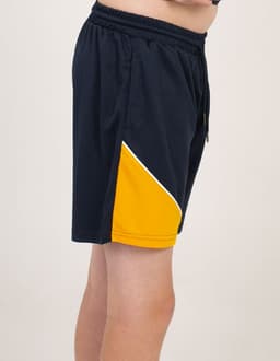Sports shorts in navy blue with a yellow and white accent, featuring an elastic waistband and side pocket.