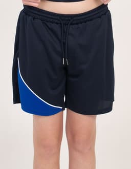 Black sports shorts featuring a blue and white design, with an elastic waistband and drawstring. Includes branding.