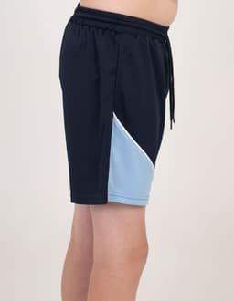 Sports shorts in navy blue and light blue, featuring an elastic waistband and a side panel design.