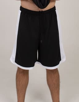 Sports shorts in black with white side panels, featuring an elastic waistband and drawstring. Includes a logo.