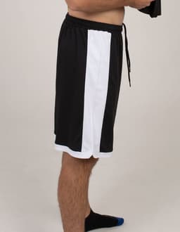 Black sports shorts with white side stripes, featuring an elastic waistband and drawstring.
