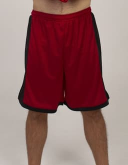 Red sports shorts with black side detailing and an elastic waistband. Features a logo.