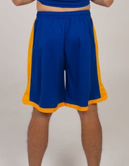 Sports shorts in royal blue with yellow side accents, featuring an elastic waistband and a logo on the fabric.