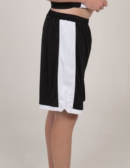 Black sports shorts featuring a white stripe on the side and an elastic waistband. Includes a logo.
