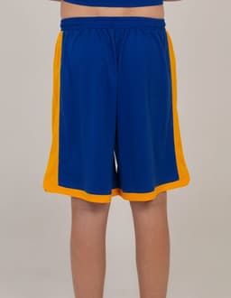 Blue sports shorts with yellow side panels, featuring an elastic waistband and a relaxed fit. Contains a logo.