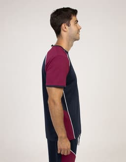 A side view of a navy and maroon T-shirt with a logo, featuring short sleeves and a relaxed fit.