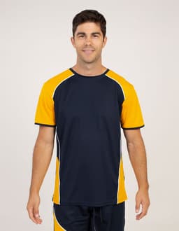 A man wearing a navy and orange short-sleeve T-shirt with contrasting design elements and a logo.