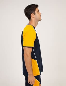 A side view of a T-shirt featuring navy blue and yellow colours, with a simple design and a logo.