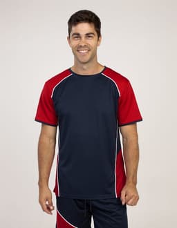 A navy and red T-shirt with contrasting white seams, featuring a logo on the front.