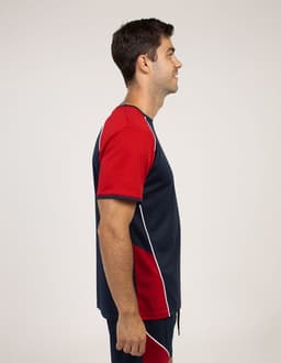 A navy blue and red T-shirt featuring a logo, displayed on a model from the side.