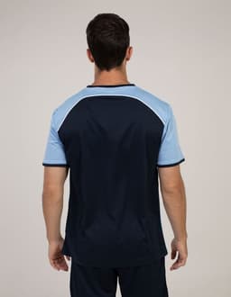 A navy blue and light blue T-shirt with a contrasting design and a logo on the back.