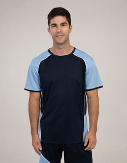 A navy and light blue T-shirt with a contrasting design and a logo on the front.