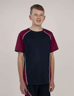 A navy and maroon T-shirt features short sleeves and a slim fit, with contrasting white seams and a logo.