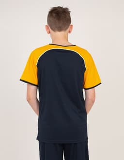 A back view of a T-shirt featuring a navy blue body and bright yellow sleeves. It has a logo on the chest.