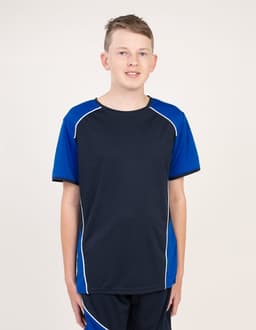 A short-sleeved T-shirt in navy blue with blue accents, featuring a logo. Suitable for casual wear.