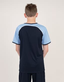 A navy and light blue T-shirt featuring a contrasting colour design and a logo on the back.