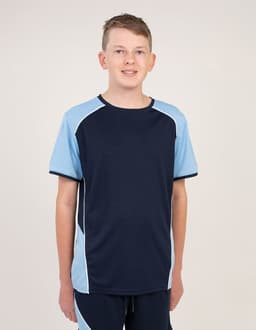 A navy blue and light blue t-shirt with contrasting panels and a logo. Suitable for casual wear.