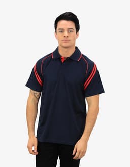 A navy blue polo shirt with red accents, featuring a collar and short sleeves. The shirt has a logo on it.