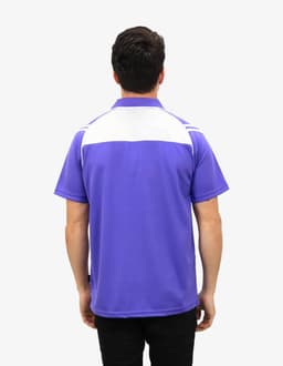 A purple and white polo shirt with a logo, featuring a solid design and short sleeves.