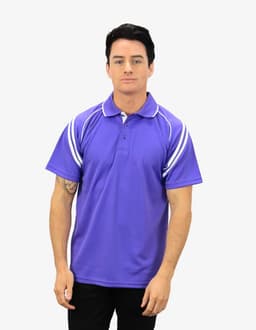 A man in a purple polo shirt with white stripes on the sleeves. The shirt features a branding logo.